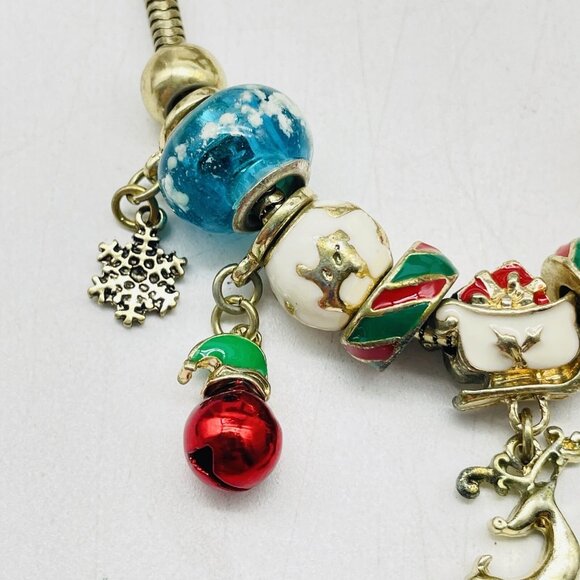 Christmas Charm Bracelet Reindeer Snowflakes Jingle Bells Red Green Enamel Beads - Picture 3 of 9